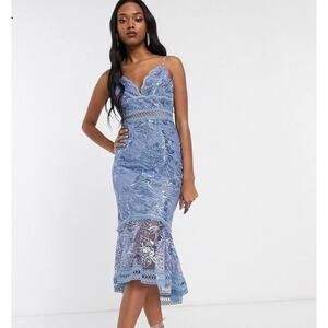 ASOS NWT Periwinkle Blue Floral Sequin Crochet Pencil Mermaid Midi Dress Size 10
